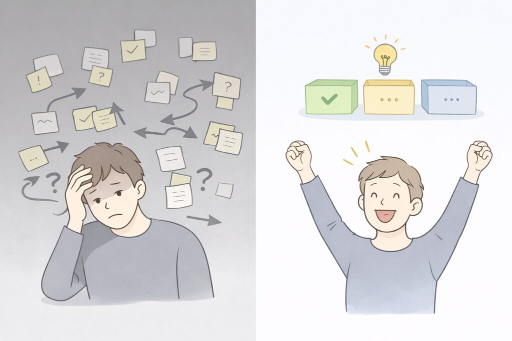 ビフォーアフター
やる事が多くて混乱しいたが、優先順位で分けて快適