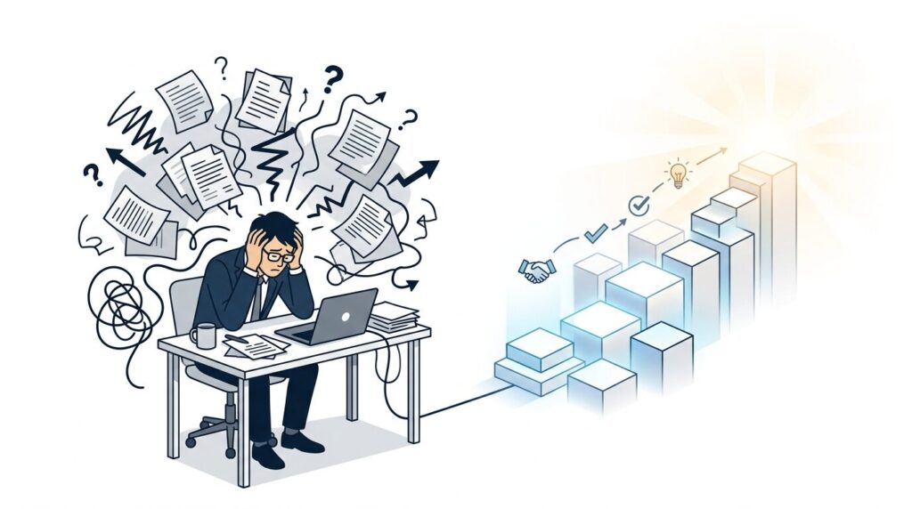 決断できない個人事業主が思考整理で解決するイメージ